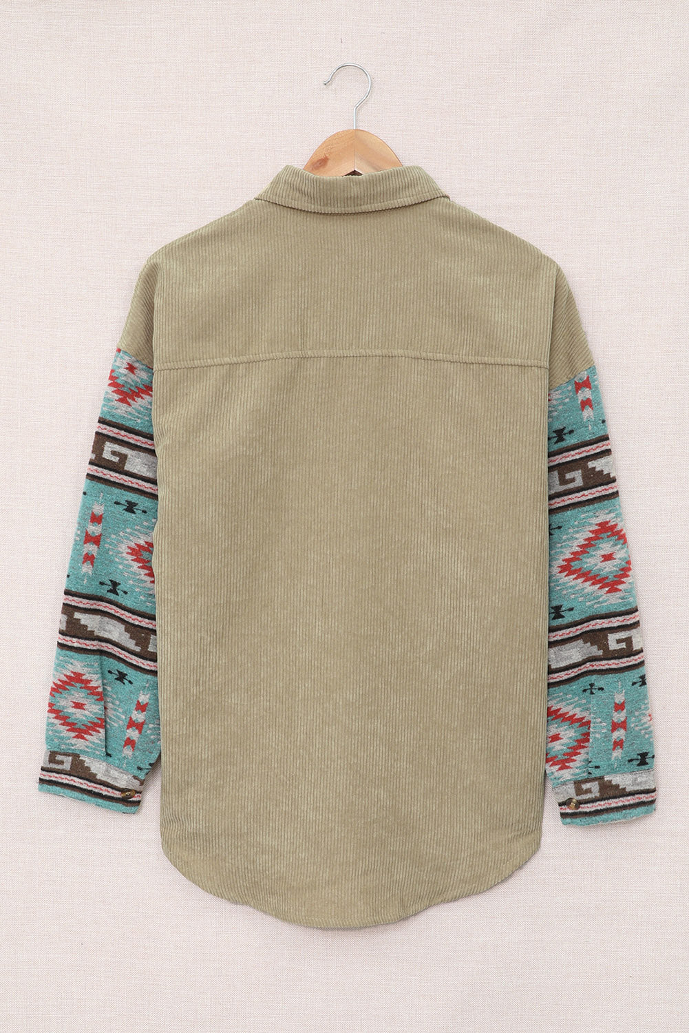 Khaki Aztec Pattern Sleeve Pocketed Corduroy Shacket - Dixie Hike & Style