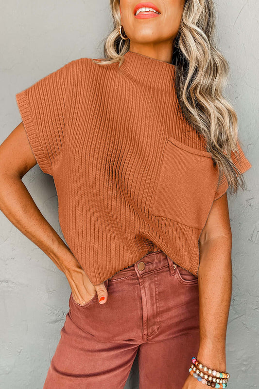 Gold Flame Patch Pocket Ribbed Knit Short Sleeve Sweater - Dixie Hike & Style