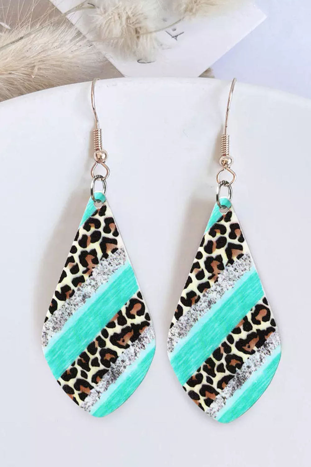 Sky Blue Leopard Color Block Glitter Water Drop Earrings - Dixie Hike & Style