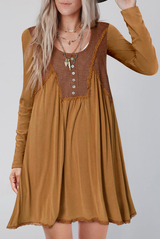 Textured Accent Patchwork Long Sleeve Flare Dress - Dixie Hike & Style