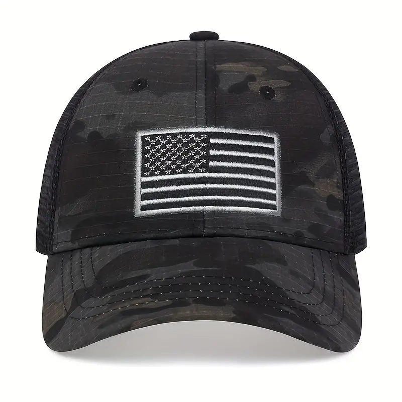Black Camo American Flag Trucker Hat - Unisex Cap - Dixie Hike & Style