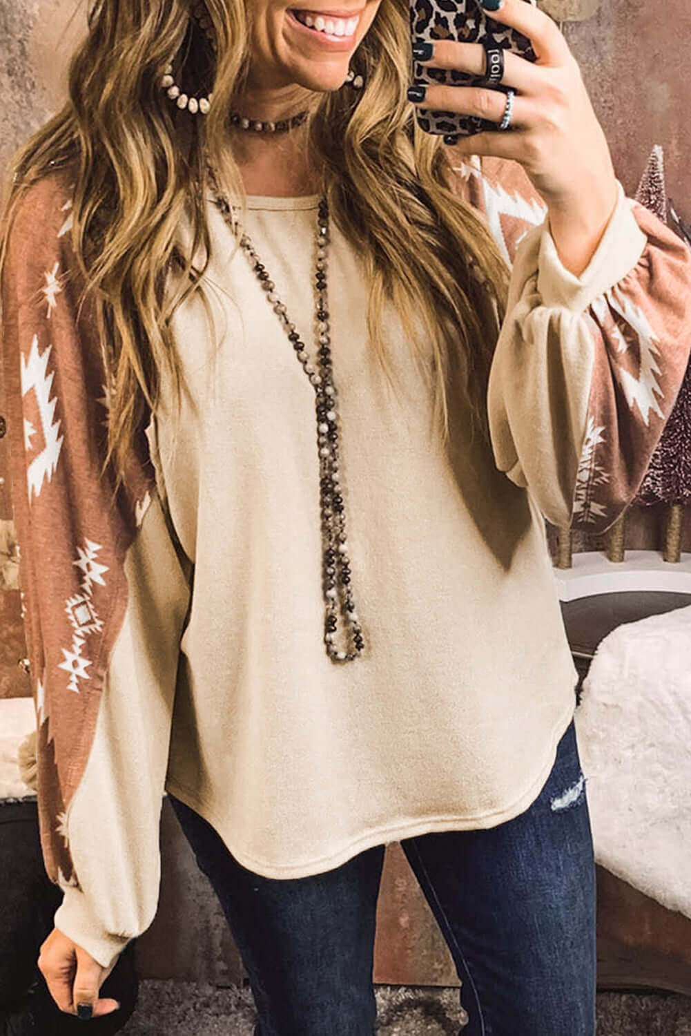 Apricot Western Print Patch Long Sleeve Top - Dixie Hike & Style