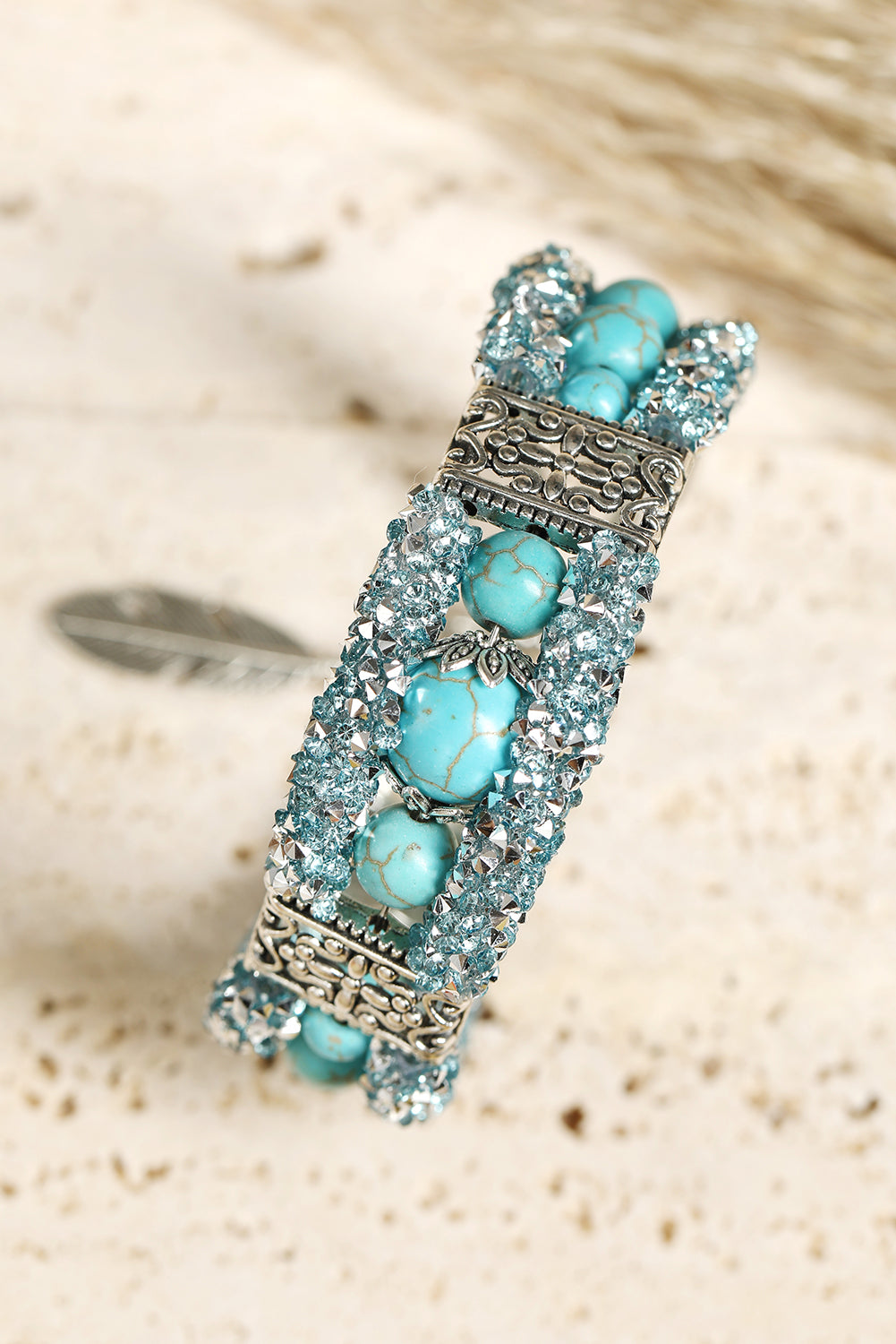 Green Western Turquoise Beads Rhinestone Carved Bracelet - Dixie Hike & Style