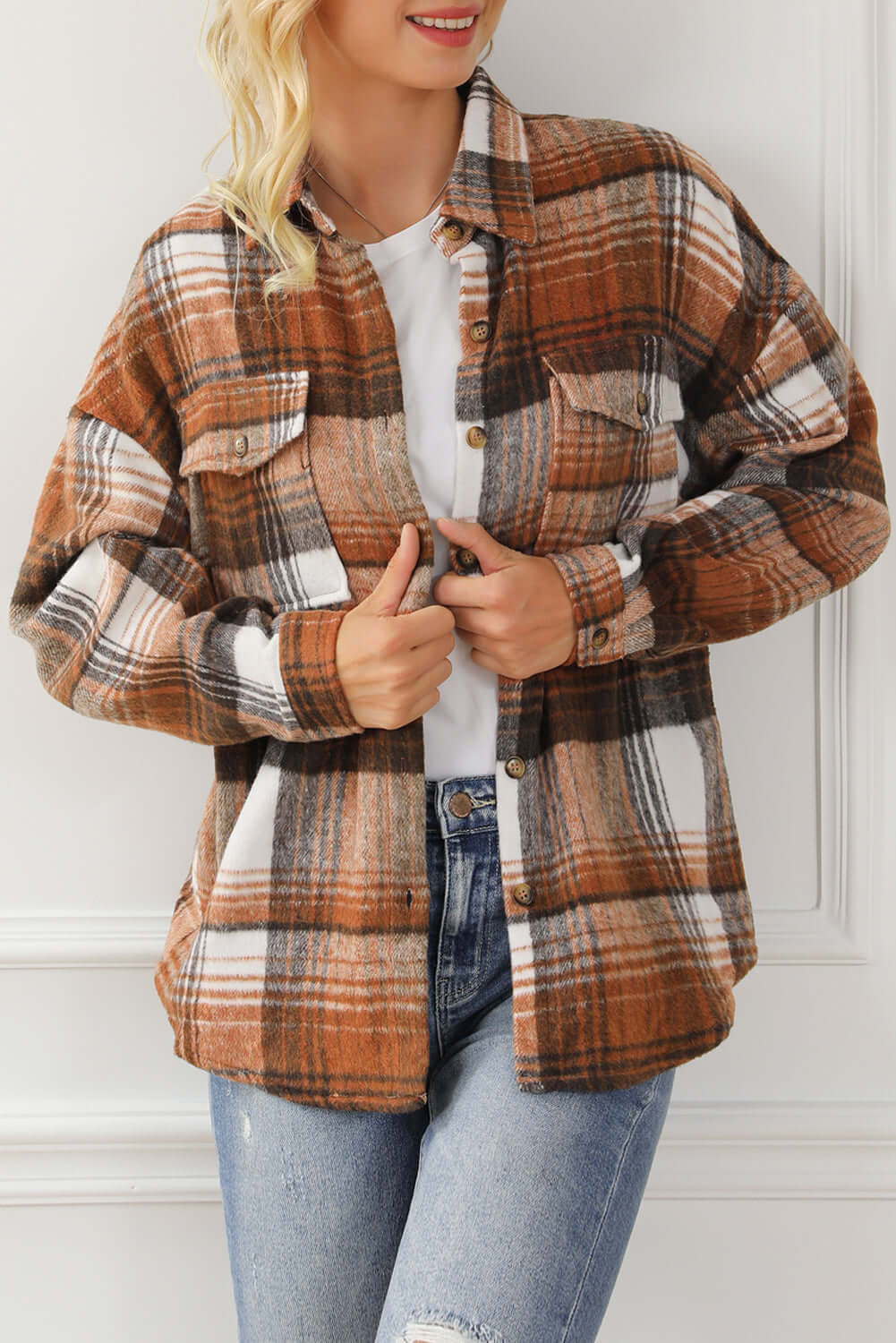 Brown Plaid Flap Pockets Shacket - Dixie Hike & Style