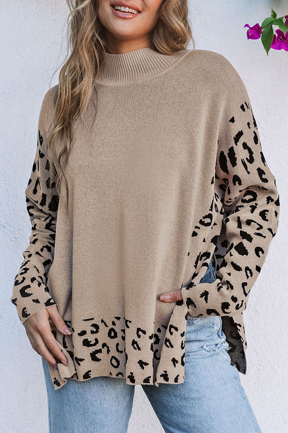 Khaki Leopard High Neck Side Slit Oversized Sweater - Dixie Hike & Style