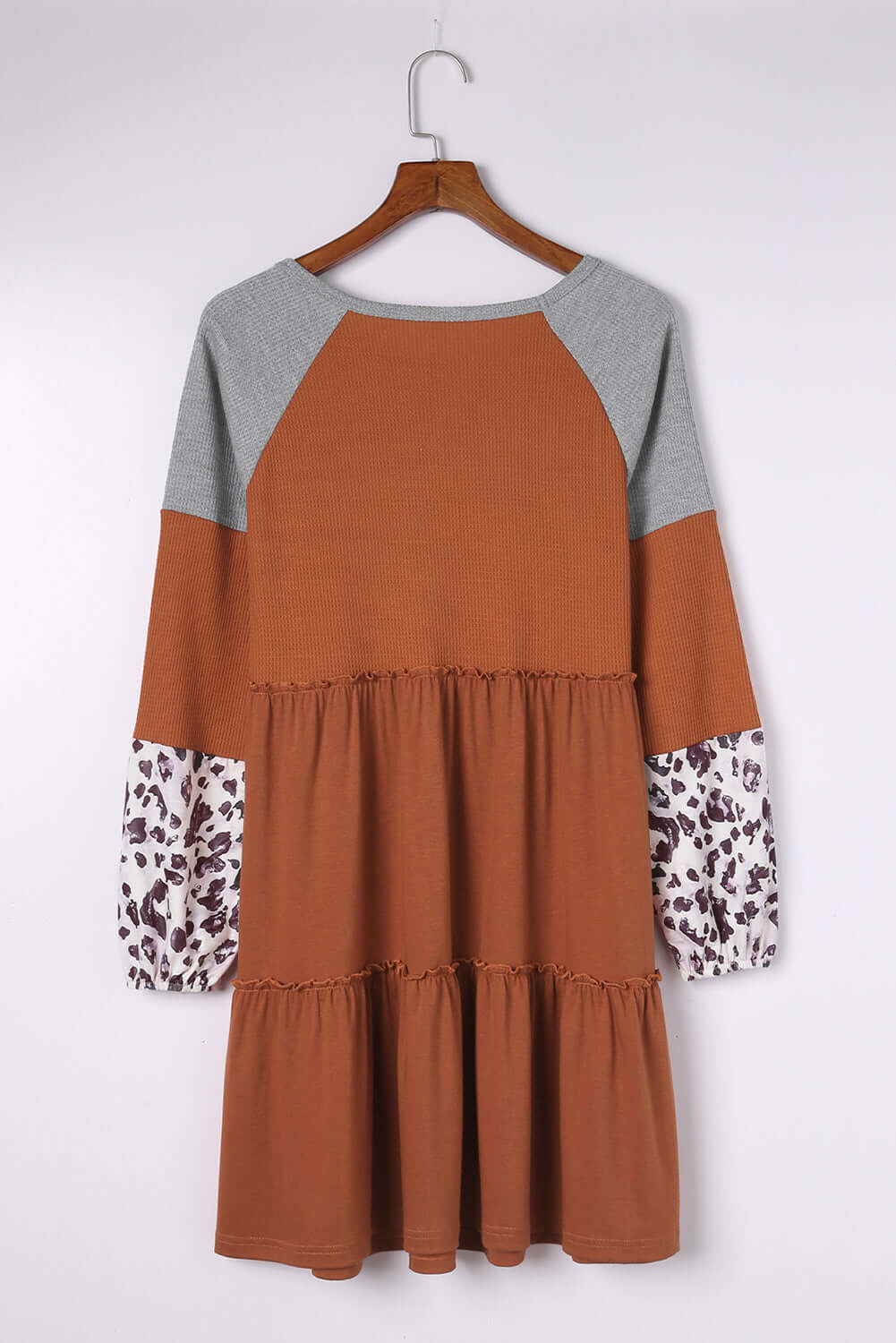 Brown Waffle Knit Leopard Patchwork Long Sleeve Dress - Dixie Hike & Style