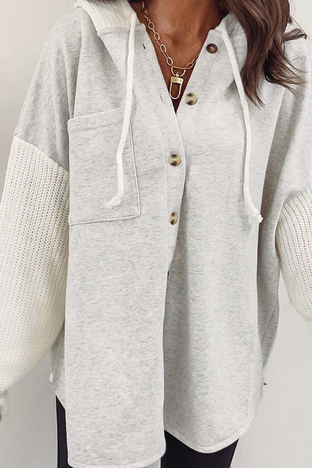 Gray Button Up Contrast Knitted Sleeves Hooded Jacket - Dixie Hike & Style