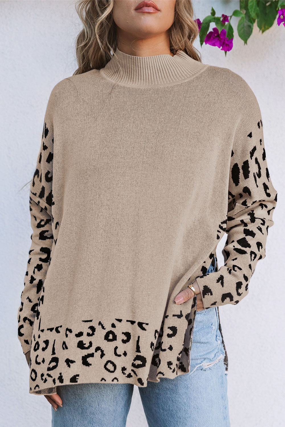 Khaki Leopard High Neck Side Slit Oversized Sweater - Dixie Hike & Style