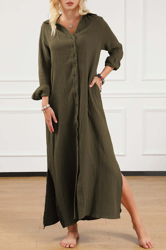 Green Crinkle Button Up Casual Split Shirt Maxi Dress - Dixie Hike & Style