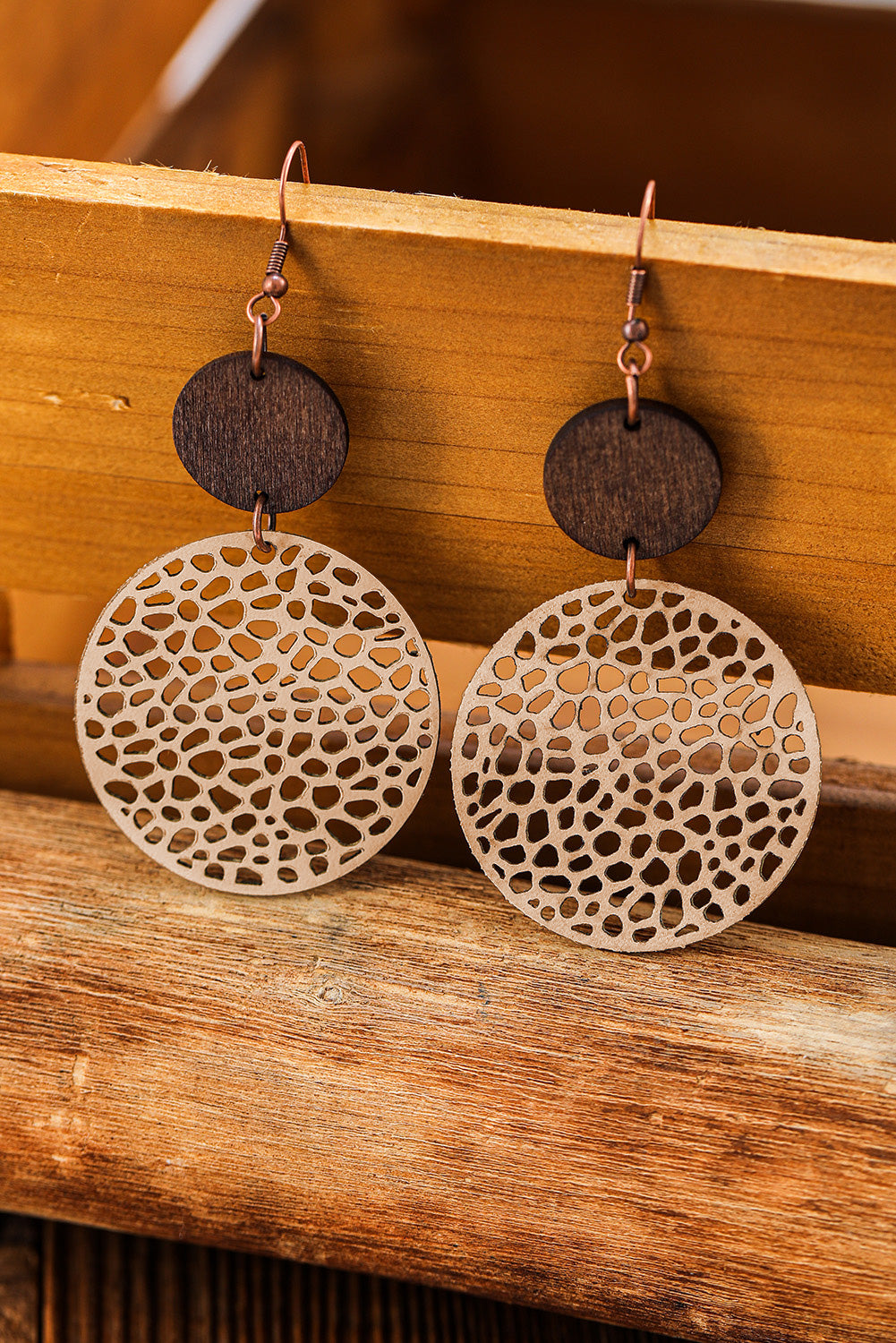 Khaki Hollow Out Wooden Round Drop Earrings - Dixie Hike & Style