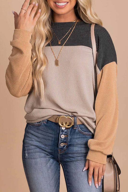 Black Color Block Long Sleeve Ribbed Loose Top - Dixie Hike & Style