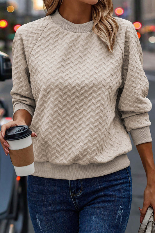 Beige Solid Textured Raglan Sleeve Pullover Sweatshirt - Dixie Hike & Style