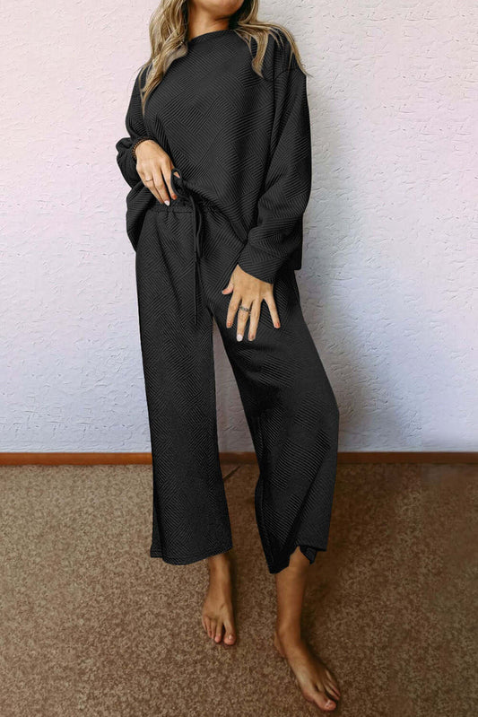 Black Ultra Loose Textured 2pcs Slouchy Outfit - Dixie Hike & Style