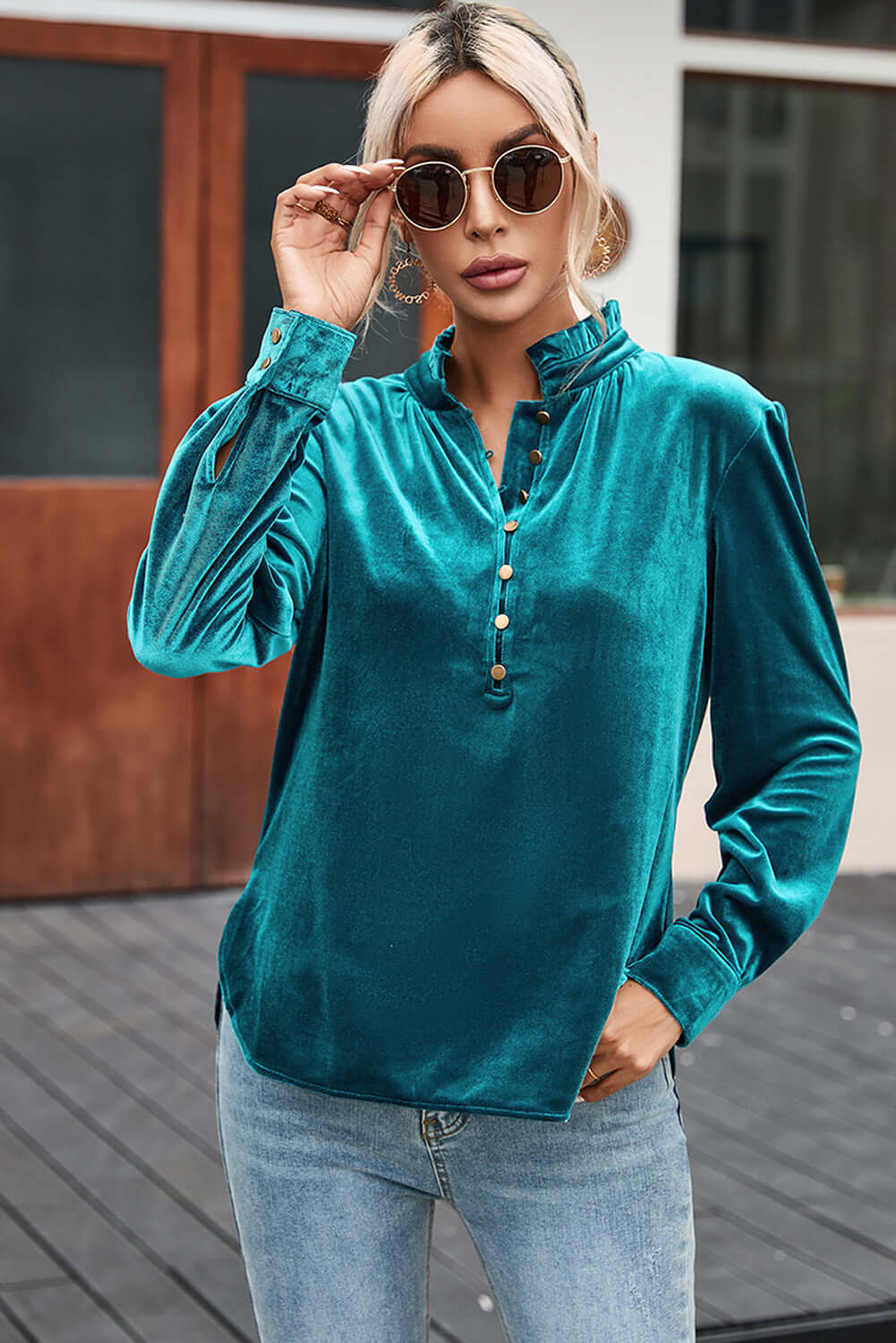 Green Frilled Neck Buttoned Front Velvet Top - Dixie Hike & Style