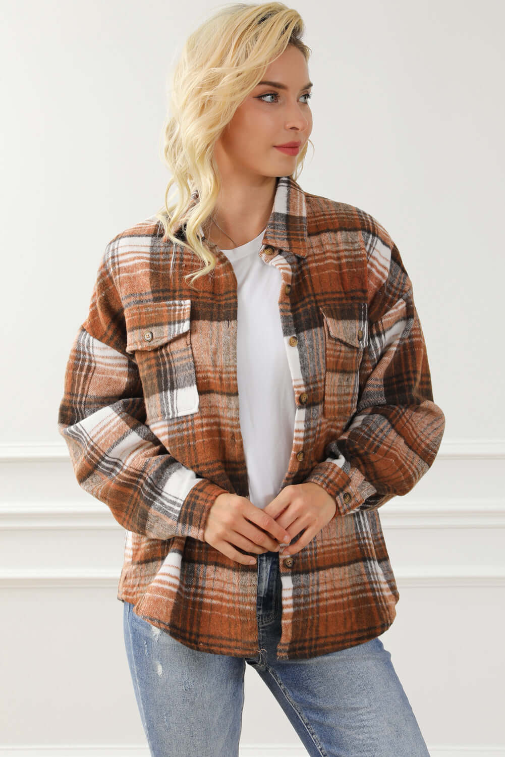 Brown Plaid Flap Pockets Shacket - Dixie Hike & Style