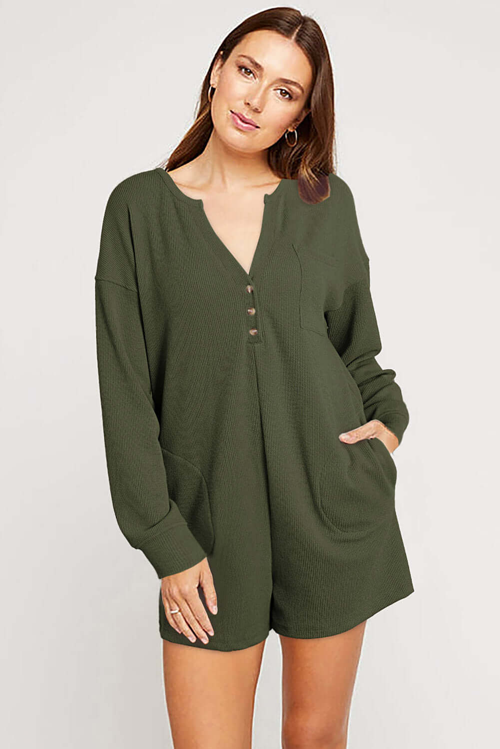 Dark Green Brushed Ribbed Button Split V Neck Long Sleeve Romper - Dixie Hike & Style