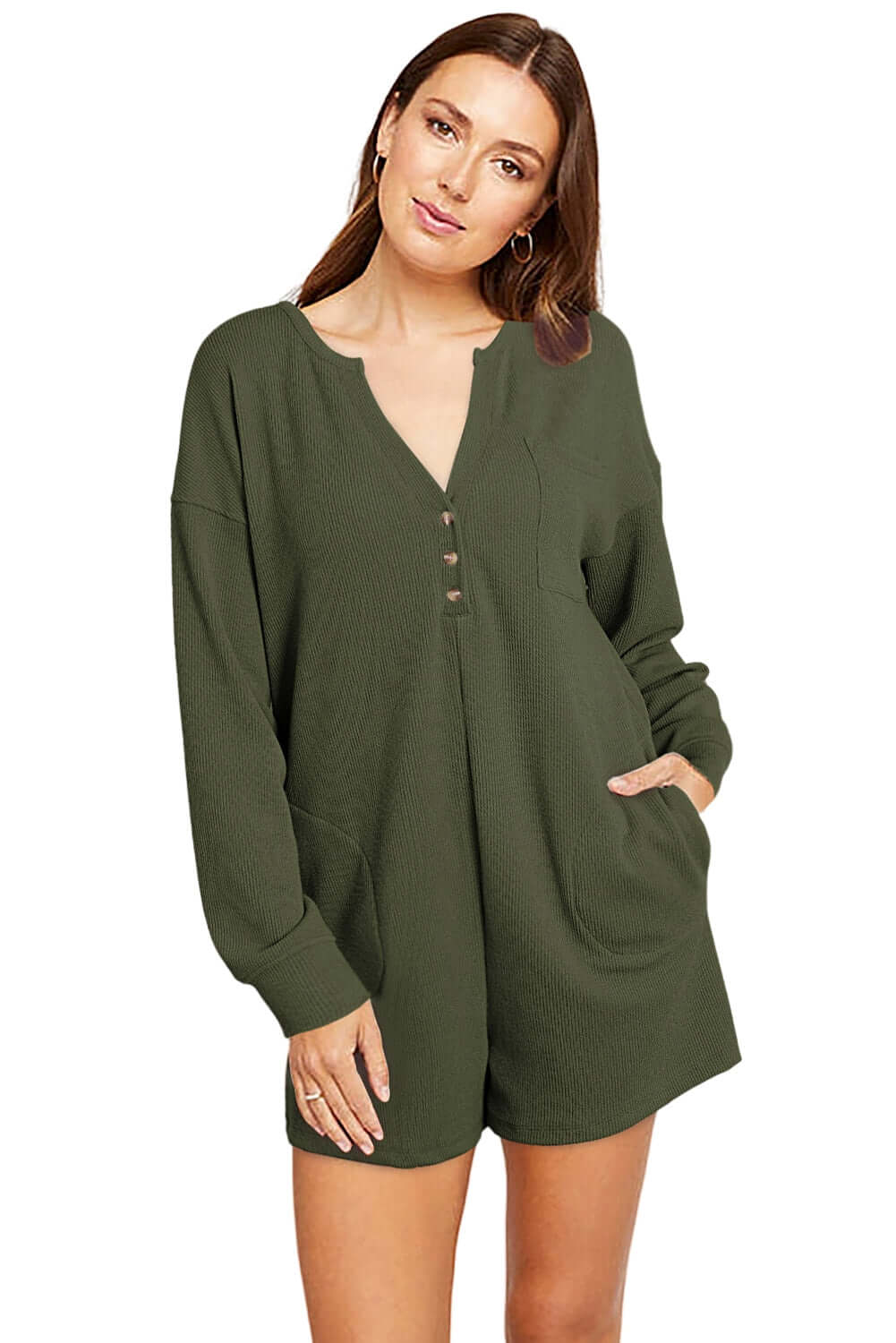 Dark Green Brushed Ribbed Button Split V Neck Long Sleeve Romper - Dixie Hike & Style