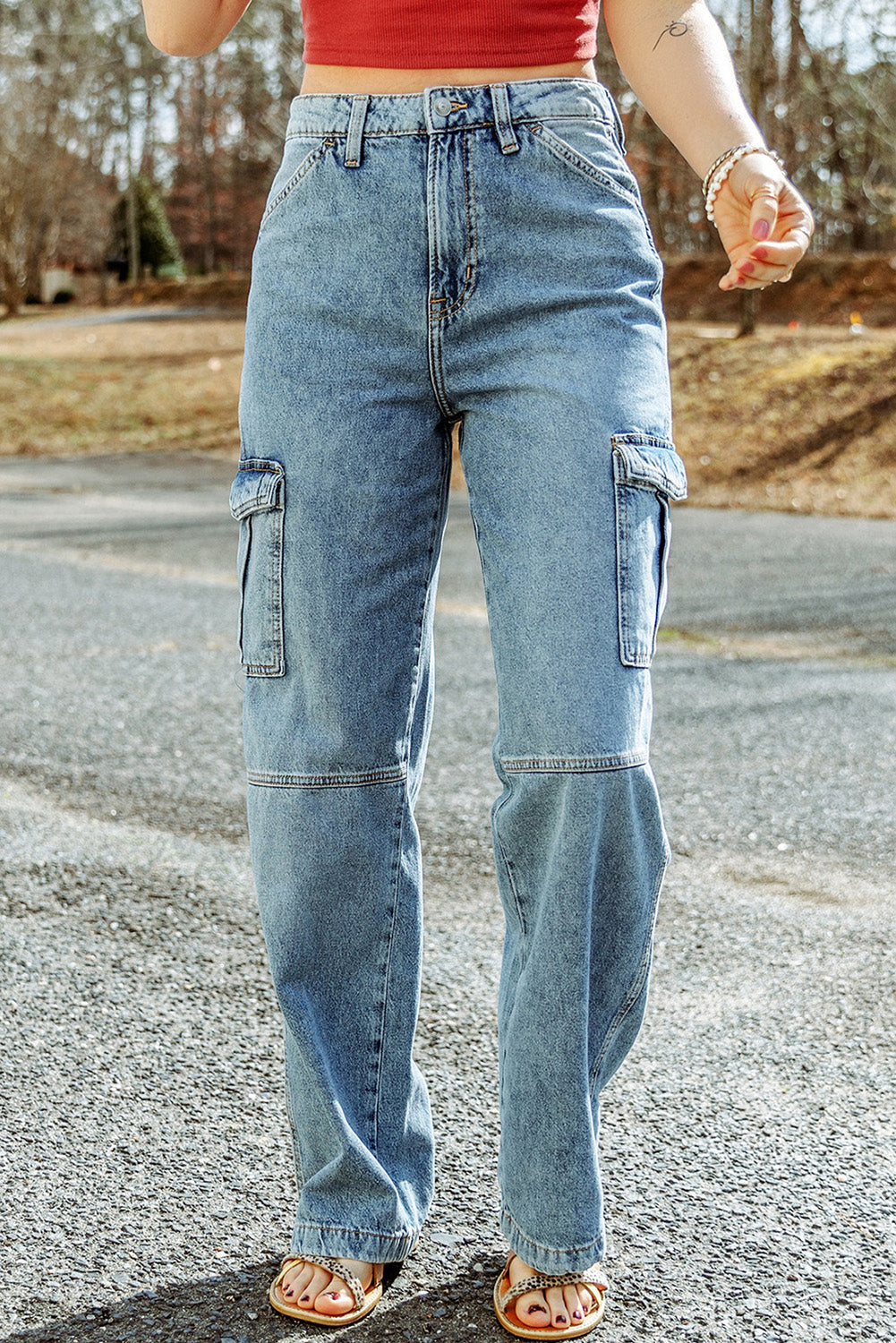 Sky Blue Cool Cargo Style Wide Leg Jeans - Dixie Hike & Style