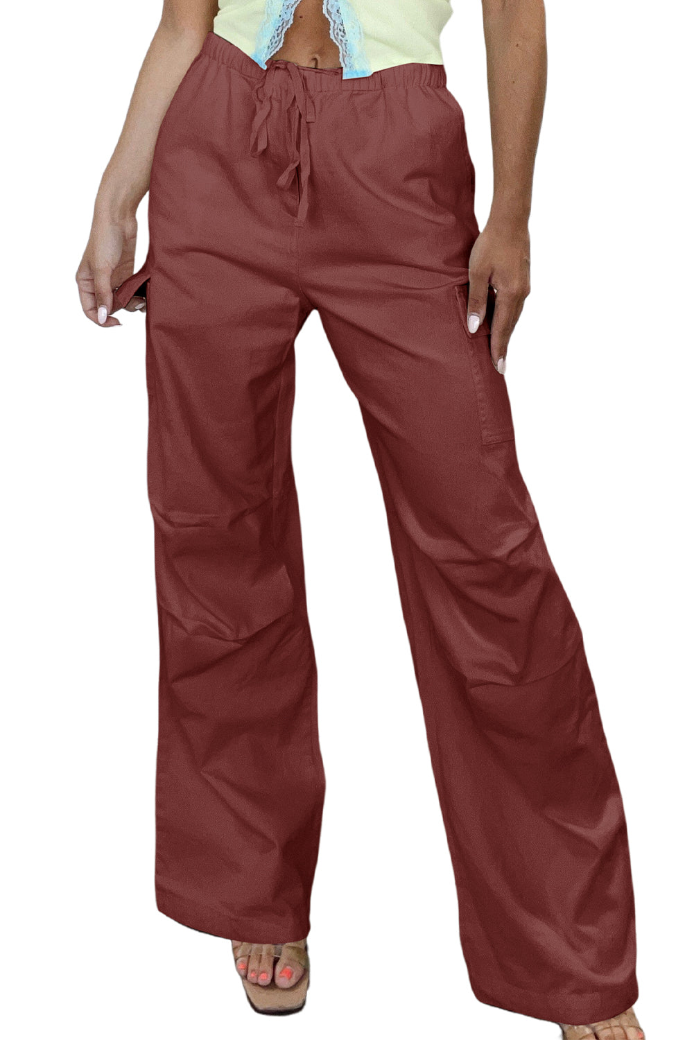 Mineral Red Solid Color Drawstring Waist Wide Leg Cargo Pants - Dixie Hike & Style