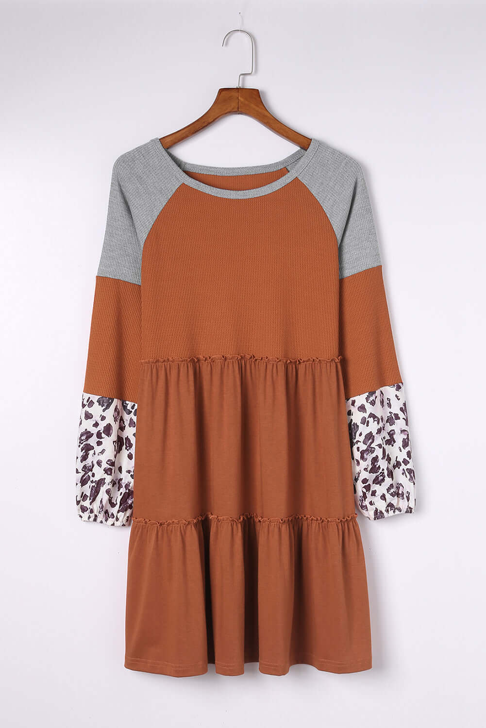 Brown Waffle Knit Leopard Patchwork Long Sleeve Dress - Dixie Hike & Style