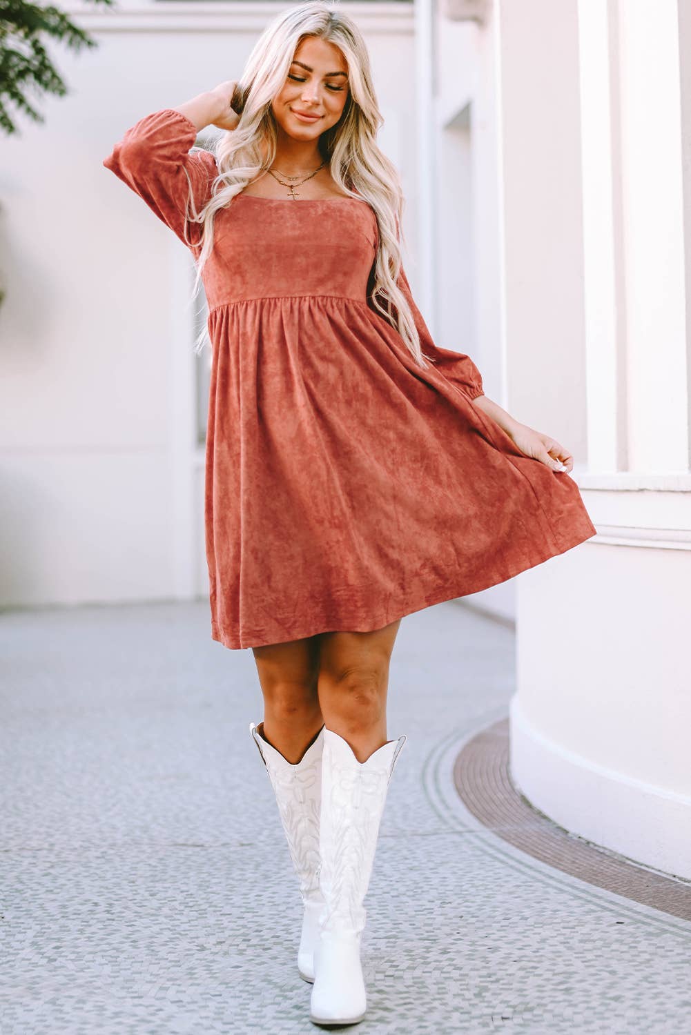 Suede Square Neck Puff Sleeve Dress - Dixie Hike & Style