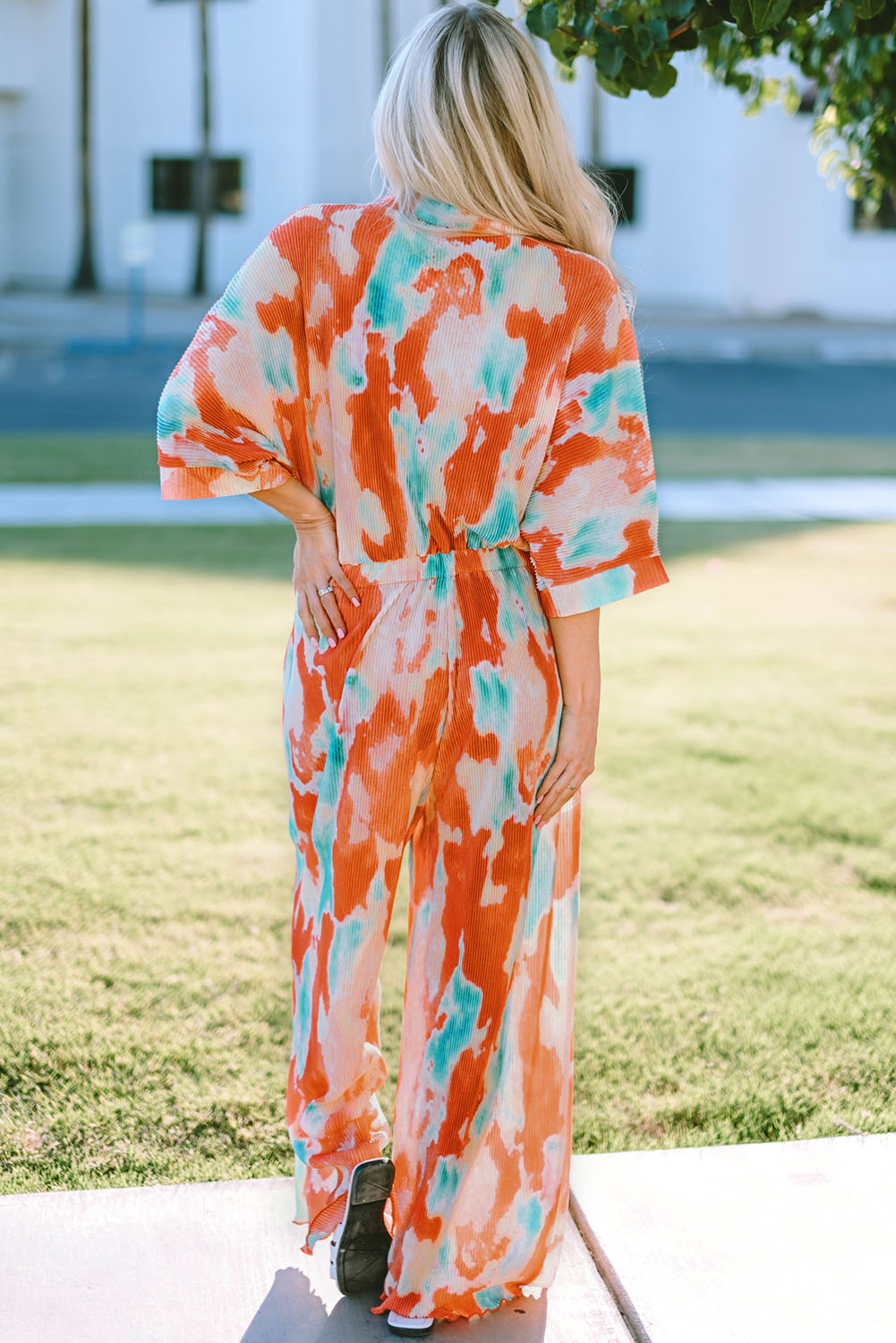 Multicolor Bohemian Tie Dye Pleated Shirt Collar Loose Jumpsuit - Dixie Hike & Style