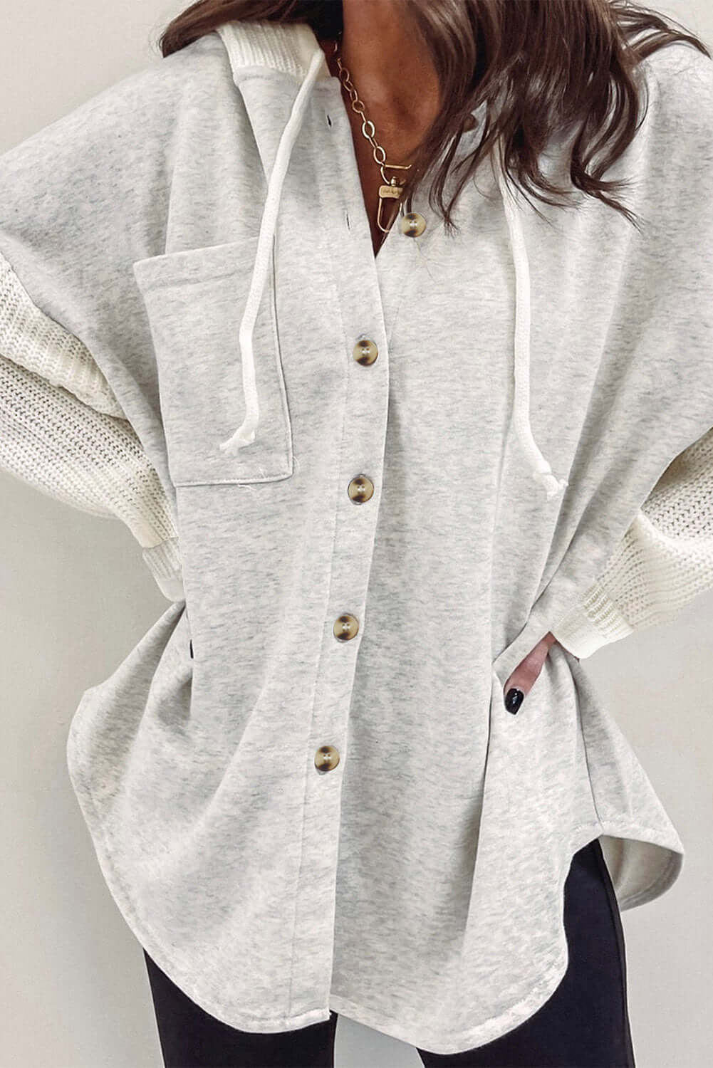 Gray Button Up Contrast Knitted Sleeves Hooded Jacket - Dixie Hike & Style