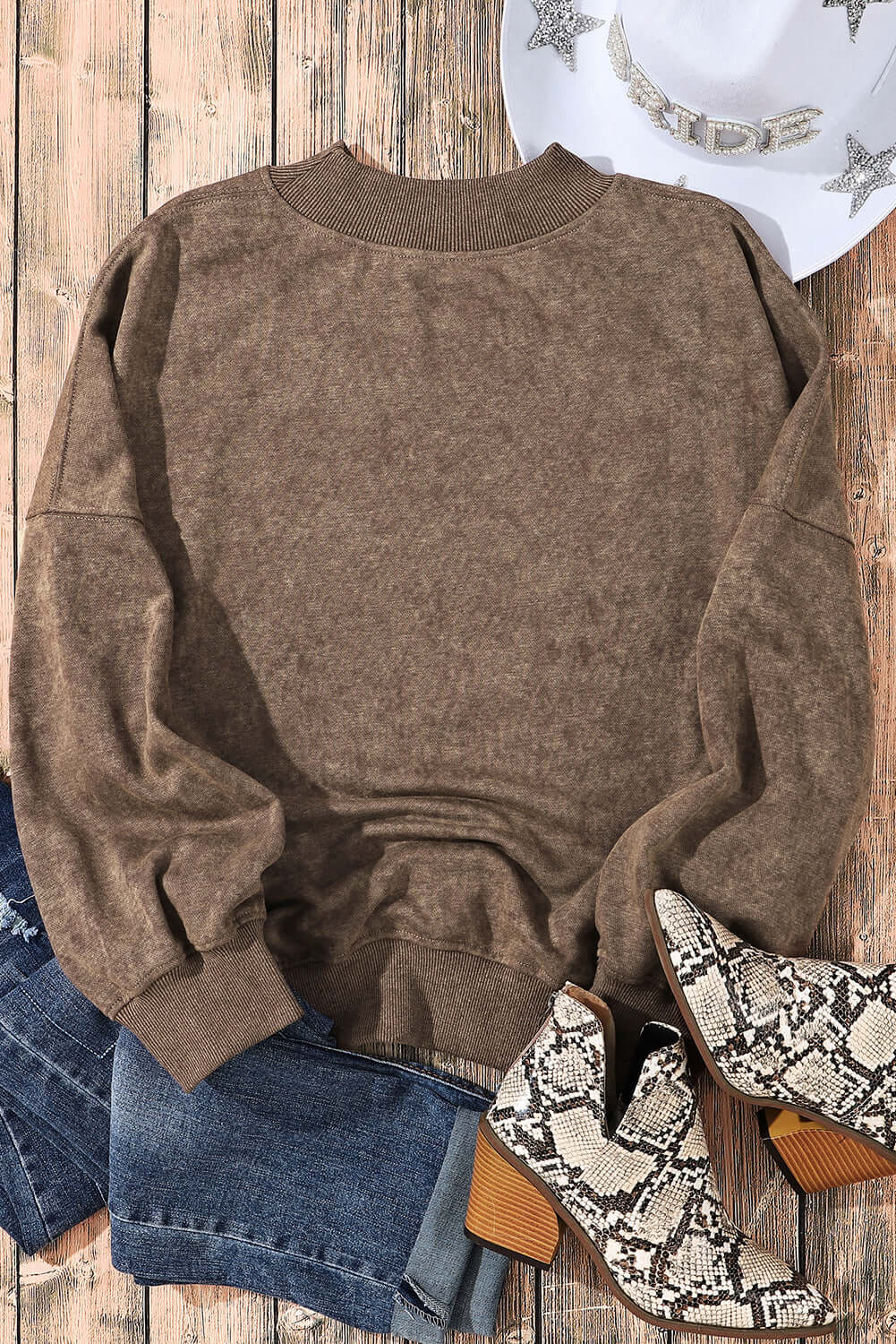 Brown Drop Shoulder Crew Neck Pullover Sweatshirt - Dixie Hike & Style