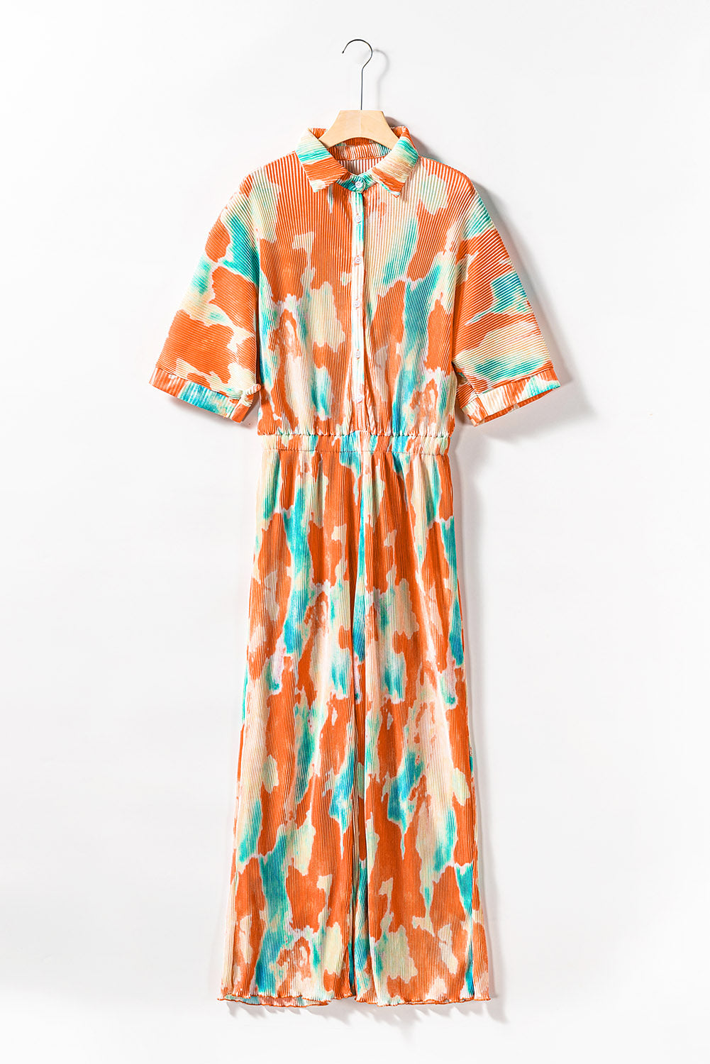 Multicolor Bohemian Tie Dye Pleated Shirt Collar Loose Jumpsuit - Dixie Hike & Style
