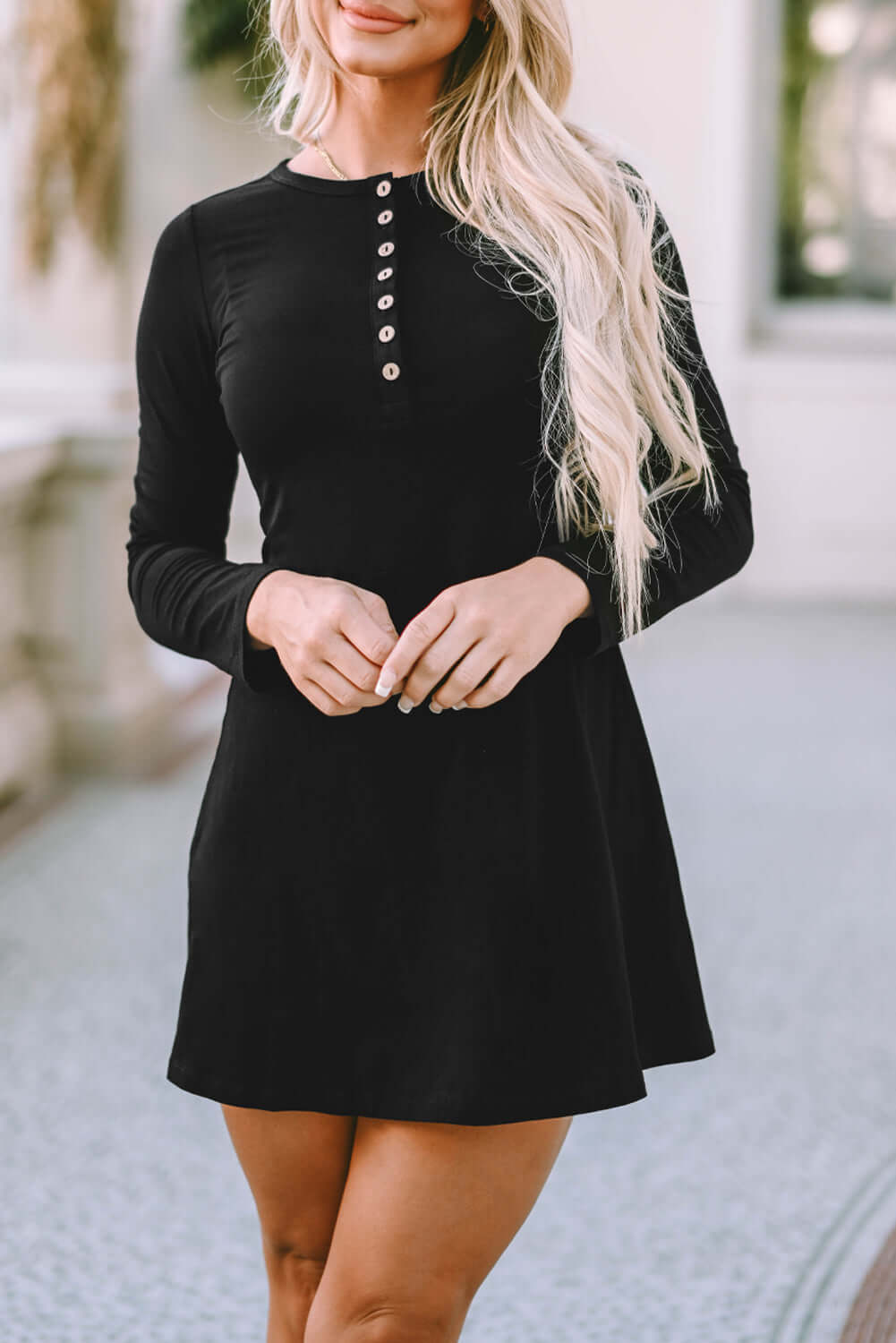 Black Solid Long Sleeve Henley Dress - Dixie Hike & Style