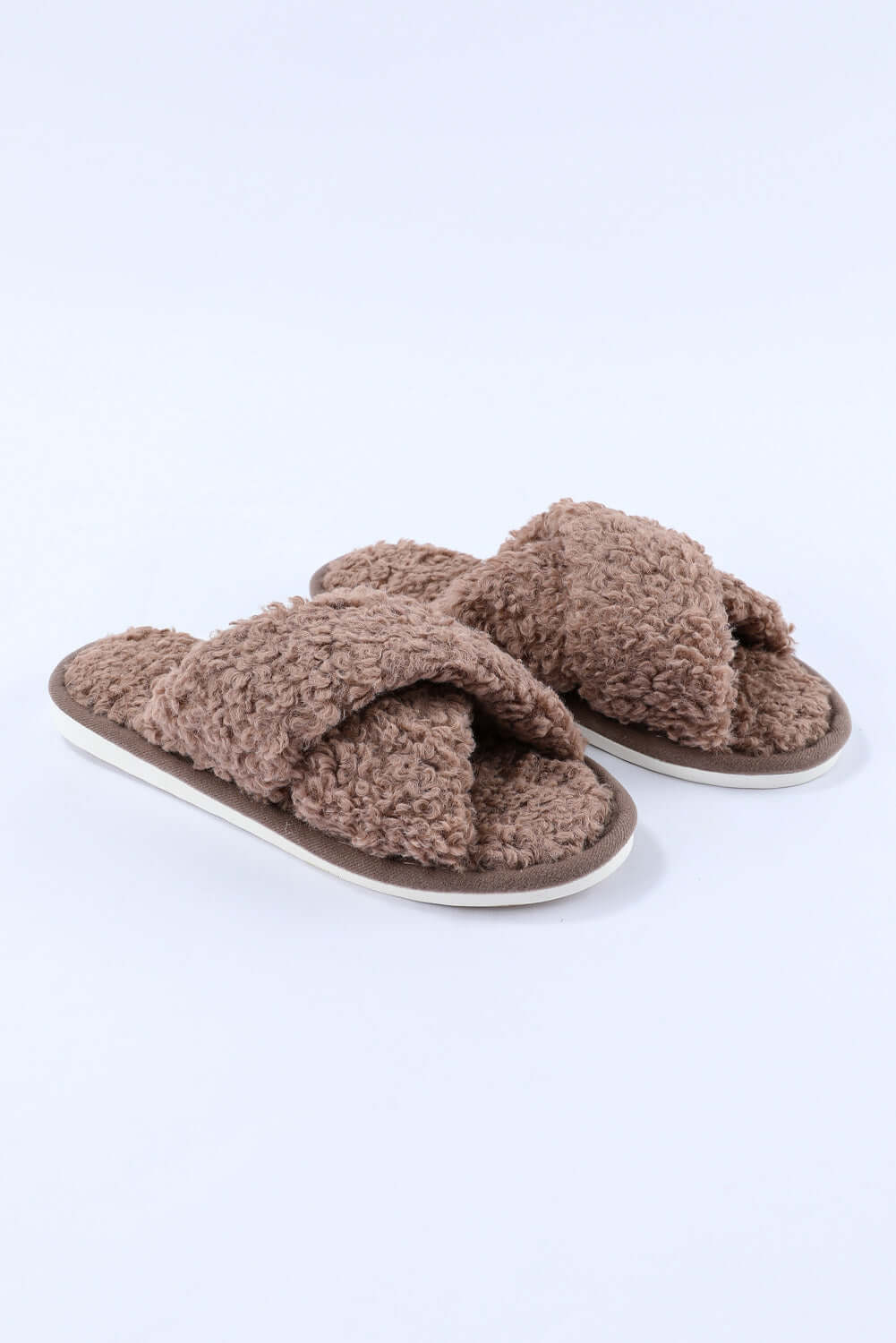 Brown Teddy Fur Cross Straps Home Slippers - Dixie Hike & Style
