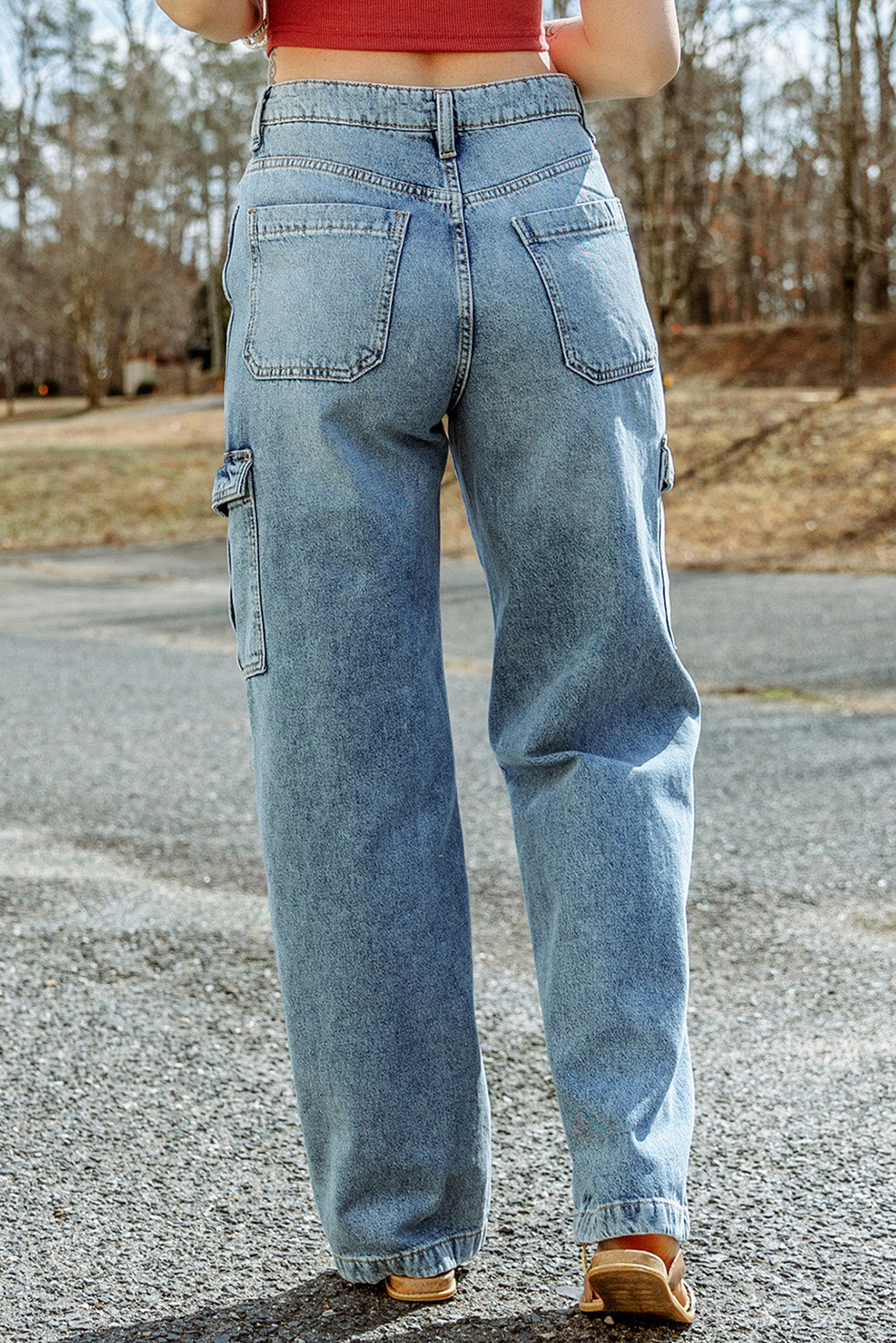 Sky Blue Cool Cargo Style Wide Leg Jeans - Dixie Hike & Style