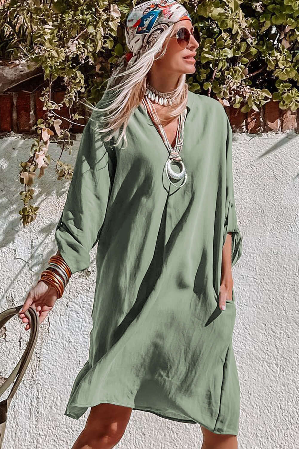 Green Roll-tab Sleeve Flowy Casual Dress - Dixie Hike & Style