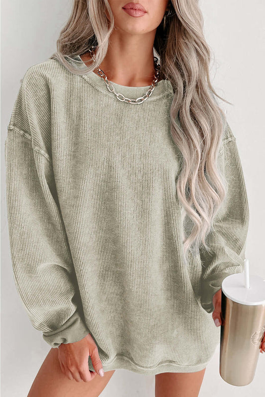 Green Solid Ribbed Knit Round Neck Pullover Sweatshirt - Dixie Hike & Style