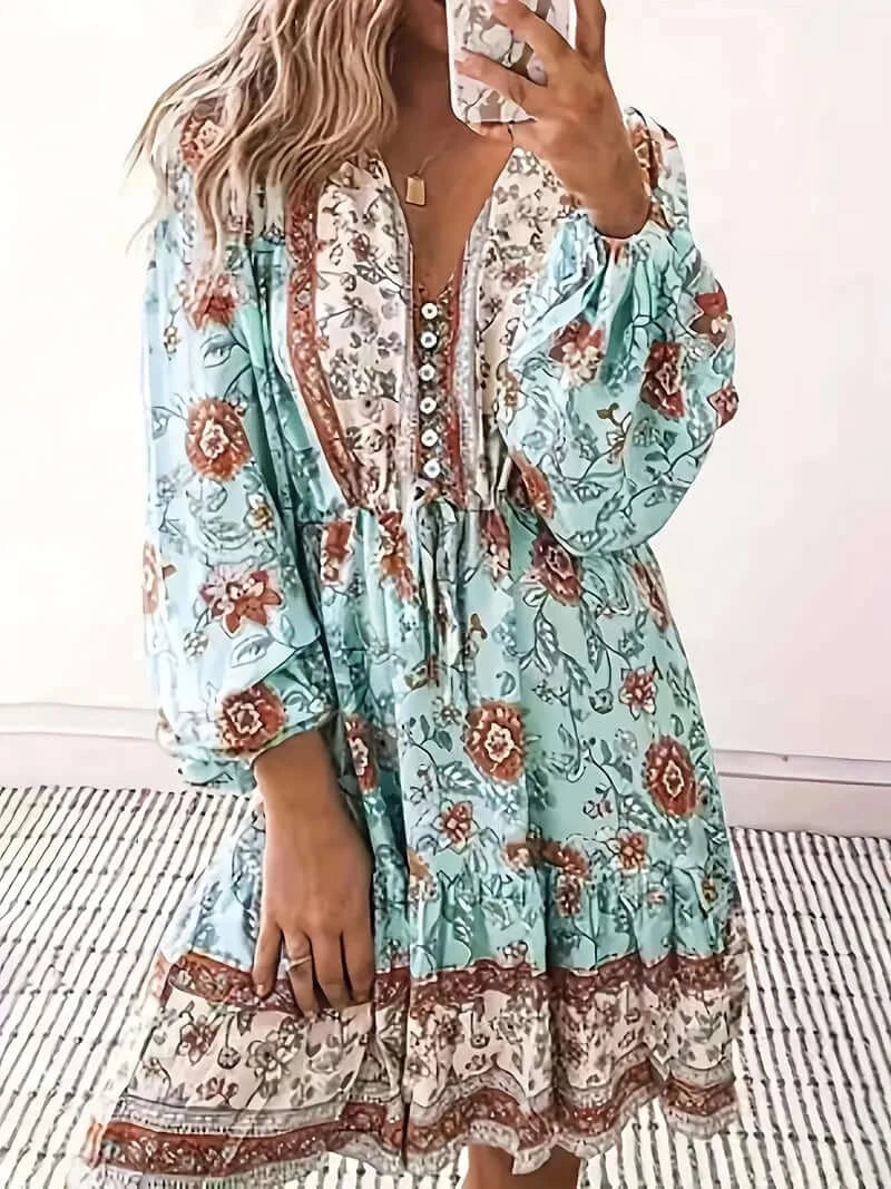 Boho Blossom V-Neck Dress: Floral Tie-Waist, Long Sleeve Design for Women - Dixie Hike & Style