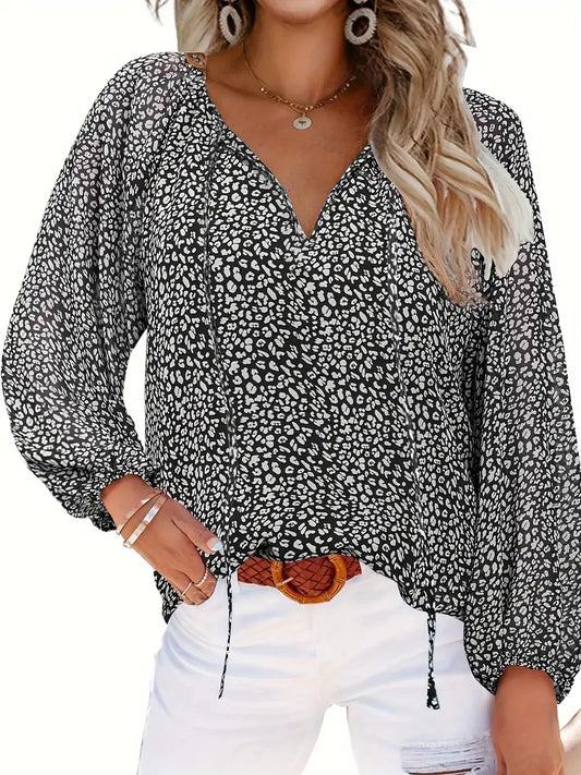 Leopard Print Blouse, Casual Tie Front Long Sleeve Blouse - Dixie Hike & Style