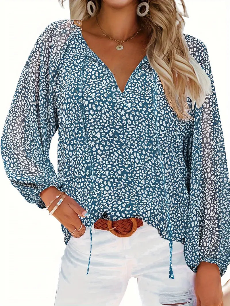 Leopard Print Blouse, Casual Tie Front Long Sleeve Blouse - Dixie Hike & Style