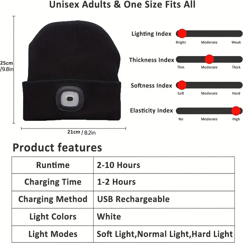 NightGlow Knit Beanie: 4-LED Rechargeable Hat - Dixie Hike & Style
