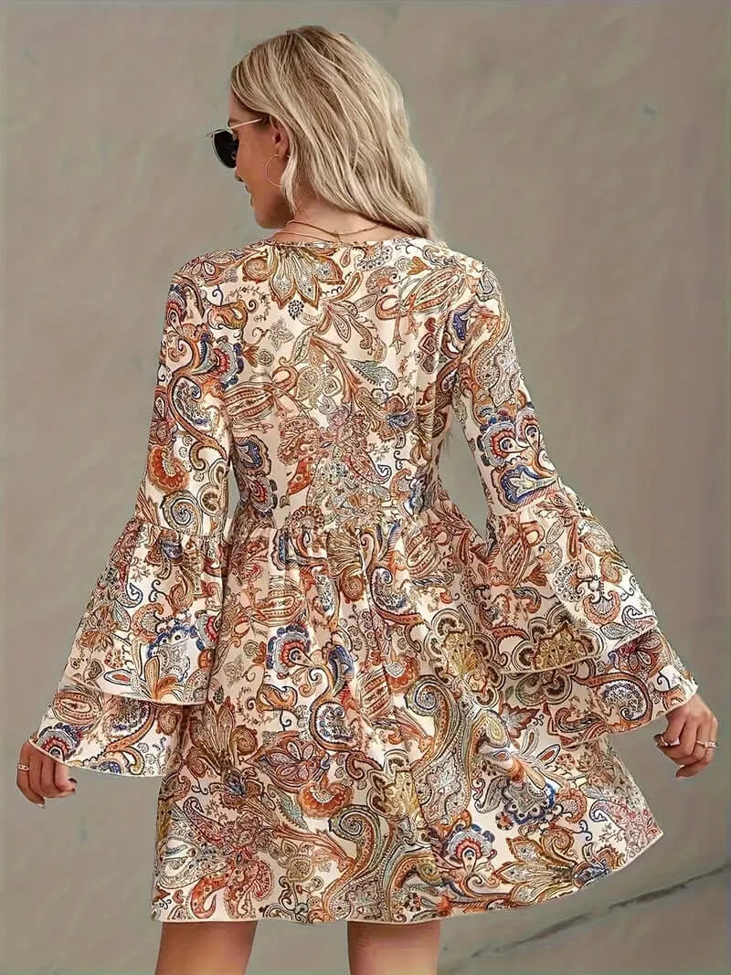 Boho Paisley Breeze Dress: V-Neck Tiered Dress with Flared Sleeves for Women - Dixie Hike & Style