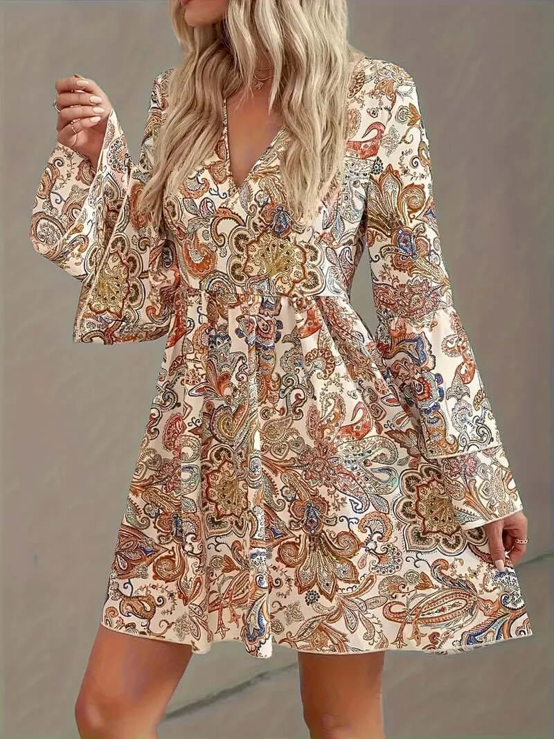 Boho Paisley Breeze Dress: V-Neck Tiered Dress with Flared Sleeves for Women - Dixie Hike & Style