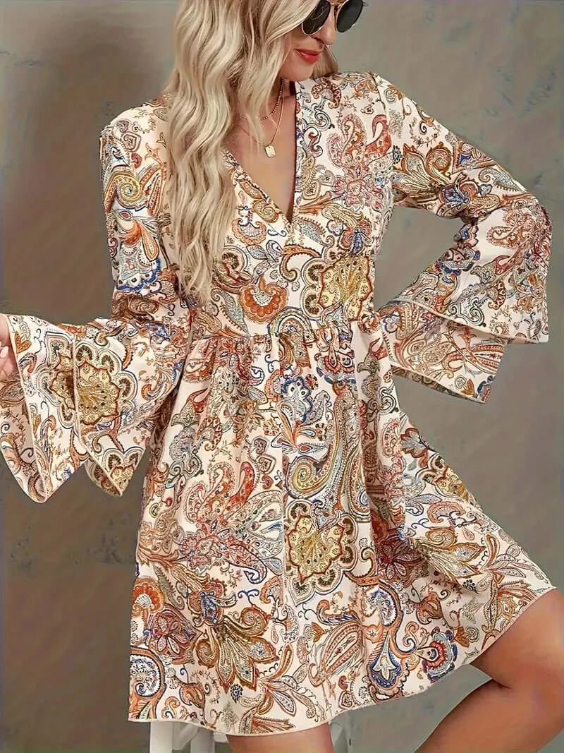 Boho Paisley Breeze Dress: V-Neck Tiered Dress with Flared Sleeves for Women - Dixie Hike & Style