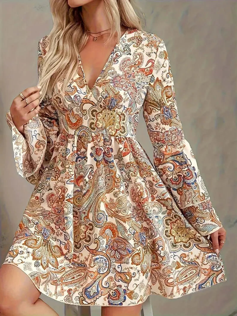 Boho Paisley Breeze Dress: V-Neck Tiered Dress with Flared Sleeves for Women - Dixie Hike & Style