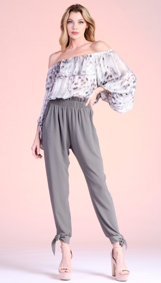Tyche P-6385 Textured Ruffle Waist Ankle Pants - Dixie Hike & Style
