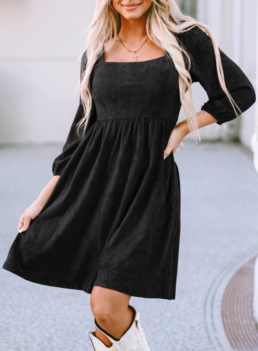 Suede Square Neck Puff Sleeve Dress - Dixie Hike & Style