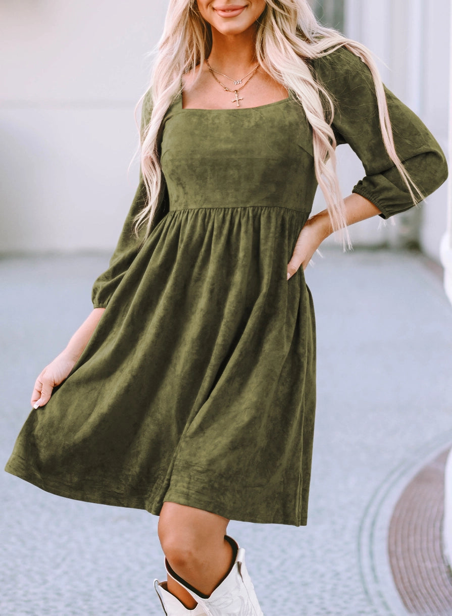 Suede Square Neck Puff Sleeve Dress - Dixie Hike & Style