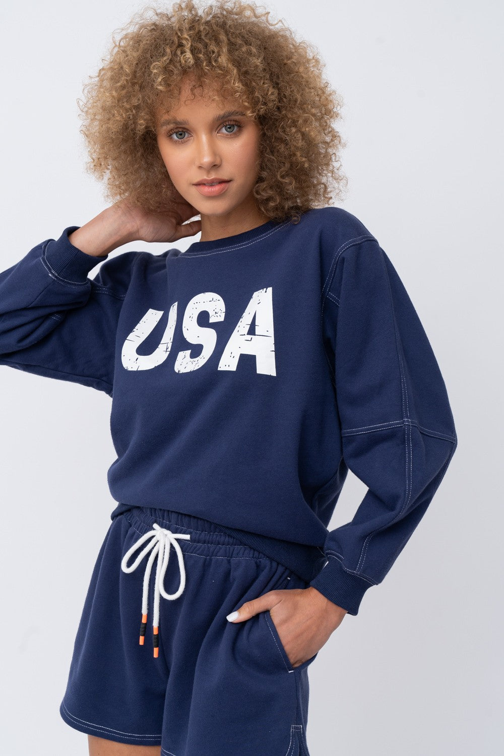 The Greii USA Pride Long Sleeve Sweatshirt with Flag Detail - Dixie Hike & Style