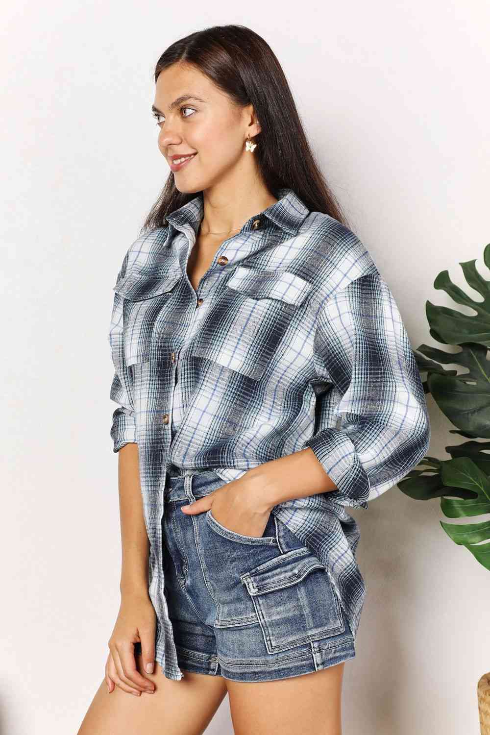 Double Take Plaid Dropped Shoulder Shirt - Dixie Hike & Style