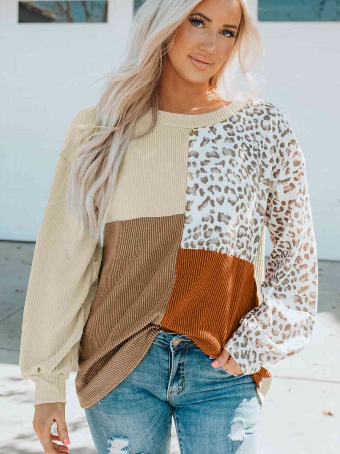 Color Block Leopard Round Neck Sweatshirt - Dixie Hike & Style