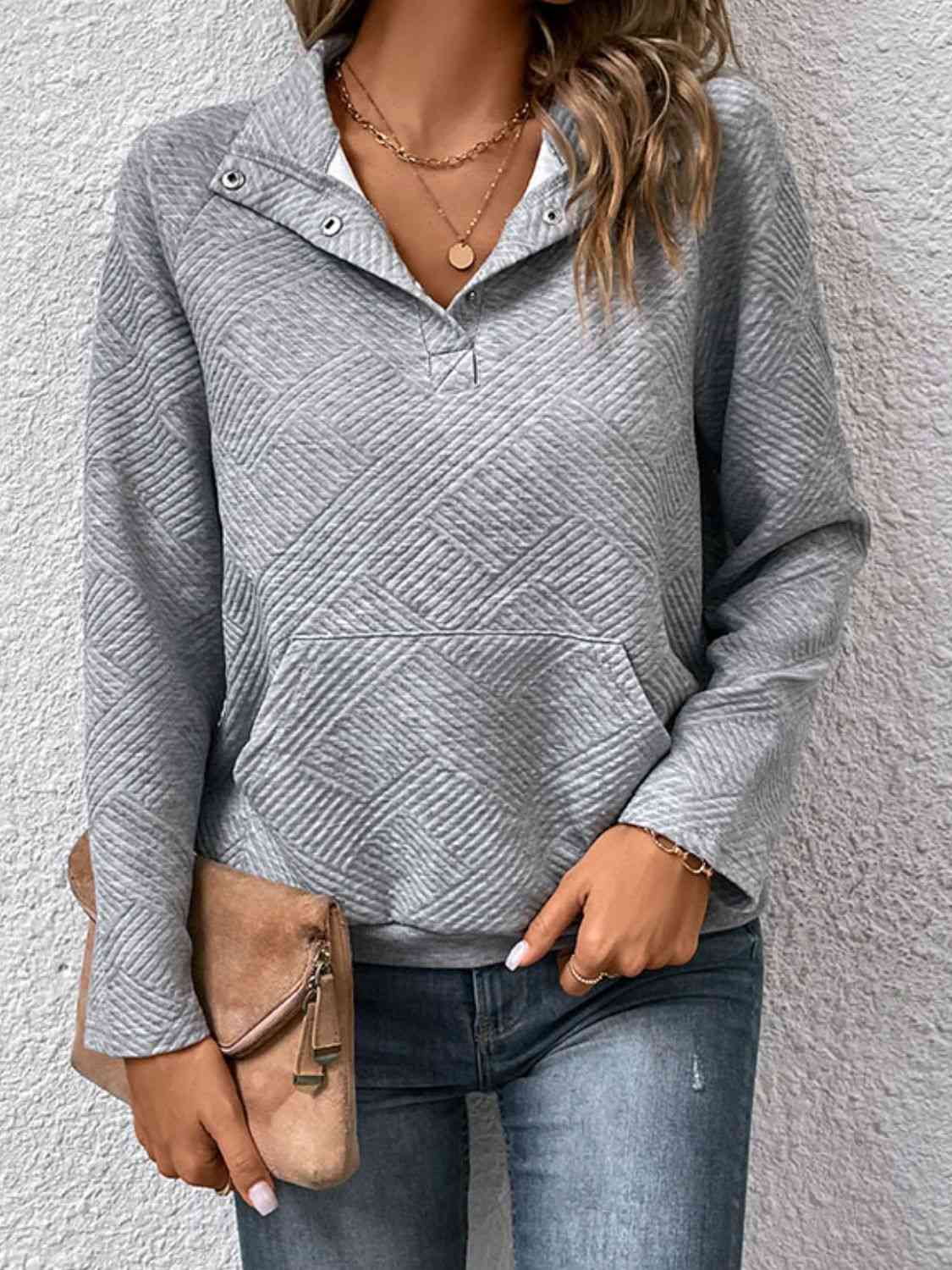Half Buttoned Collared Neck Sweatshirt with Pocket - Dixie Hike & Style