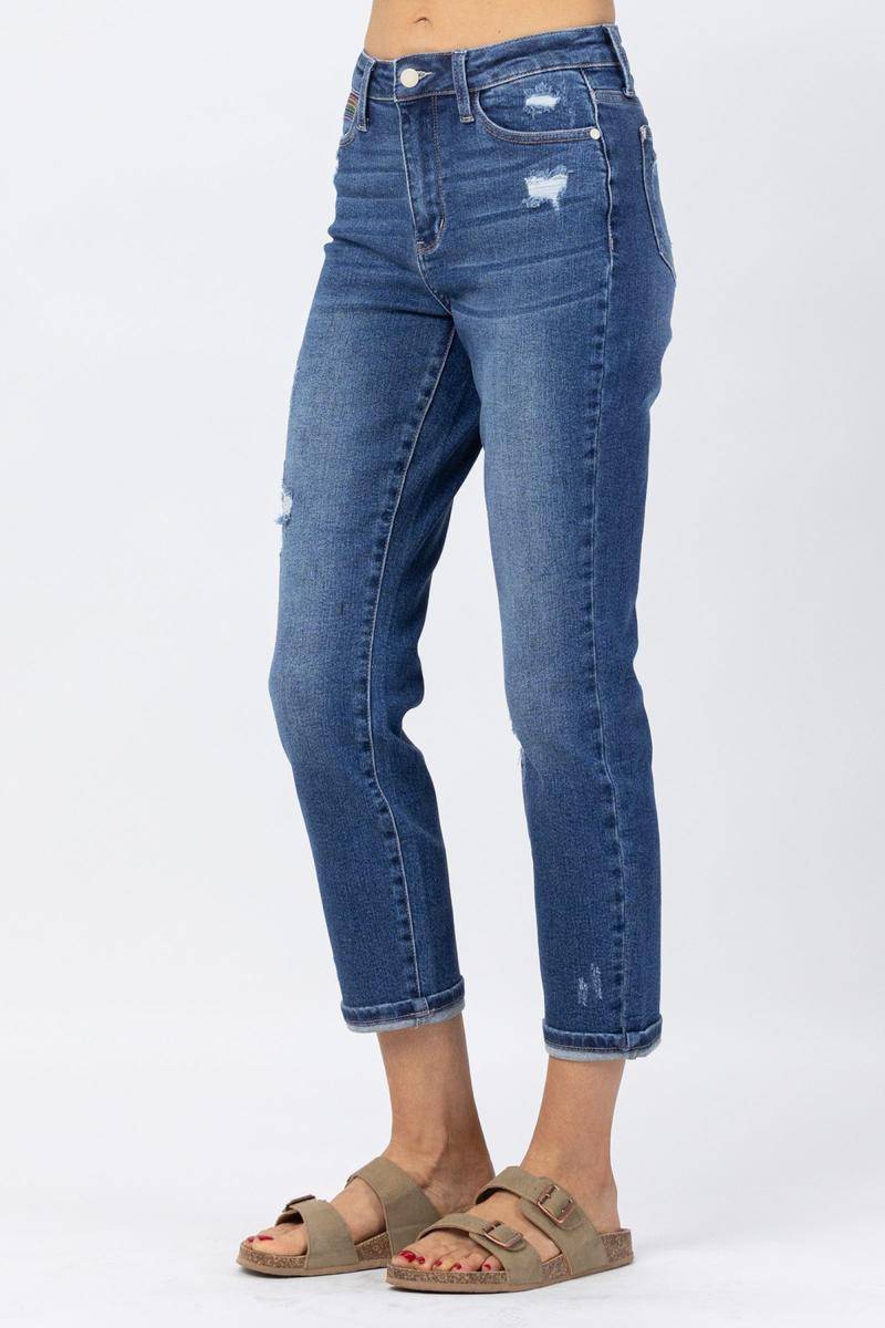 Judy Blue High Rise Rainbow Embroidery Cropped Straight Leg Jeans - Dixie Hike & Style